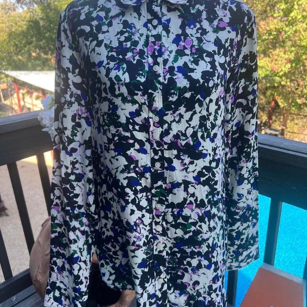 Banana Republic Women White Black Floral Print Button Up Blouse Purple Green M